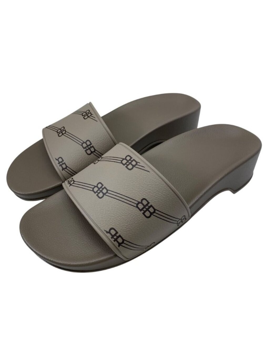 Balenciaga BB Logo Pool Wedge Slide Sandals Fabric Leather Beige Brown